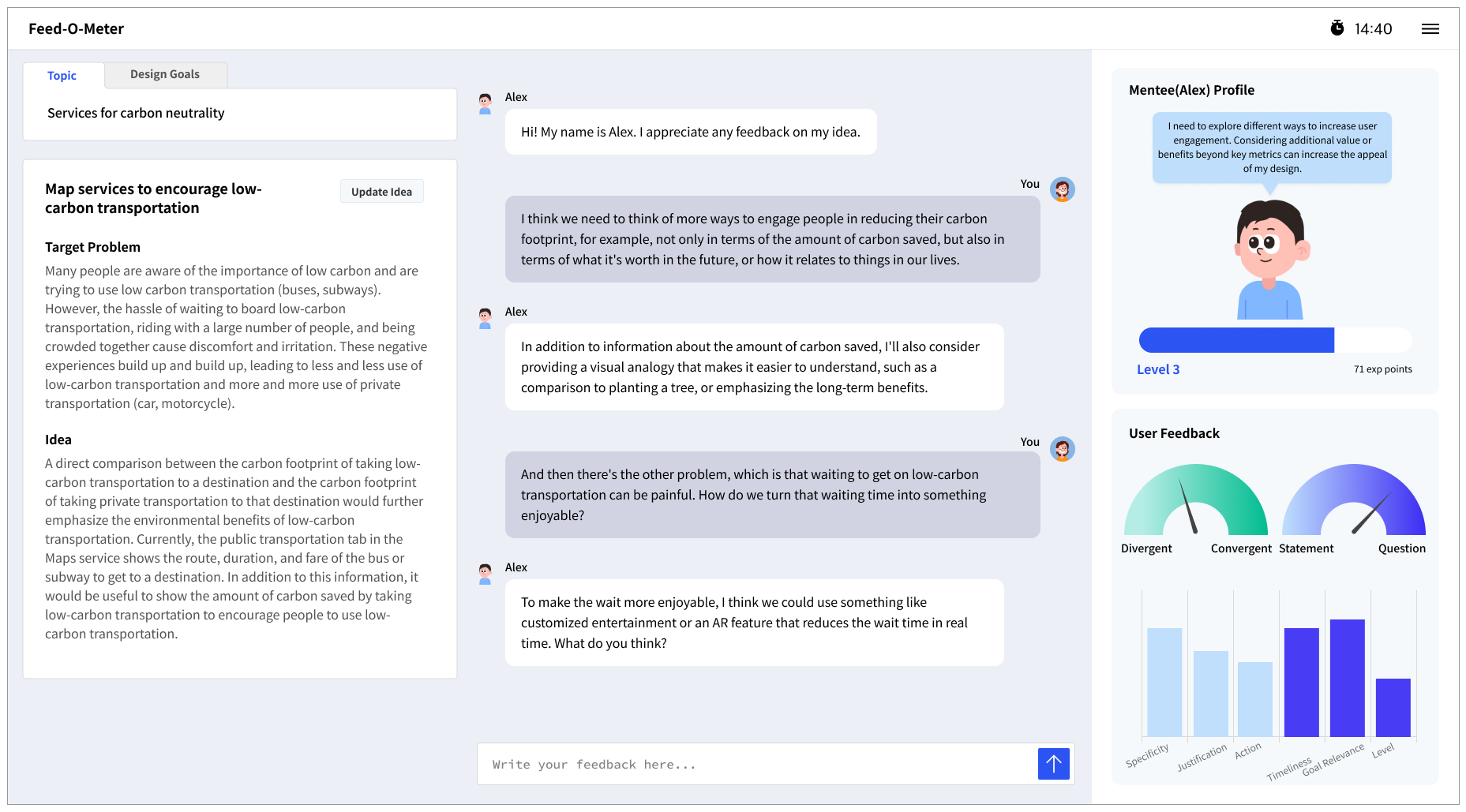The Feed-O-Meter interface with a design idea, conversation, AI mentee Alex profile, and feedback indicators